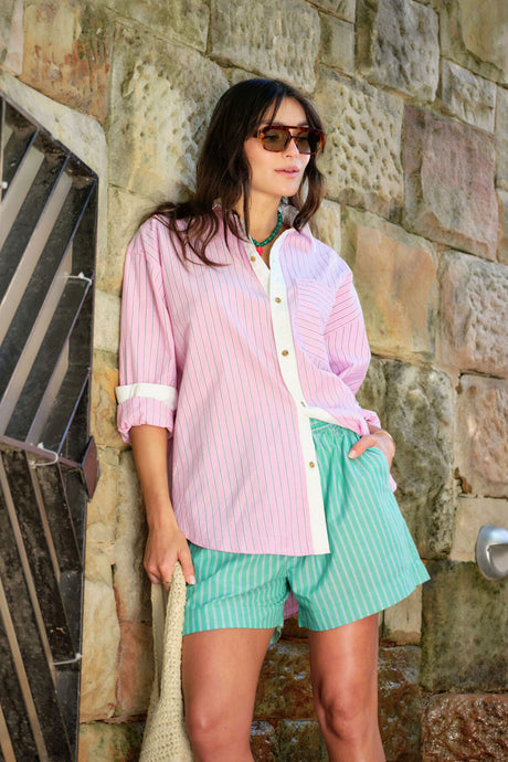 CERES LIFE COTTON PETA OVERSIZED SHIRT - HIBISCUS PINK STRIPE