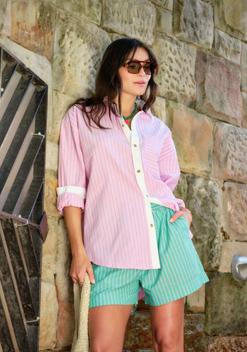 CERES LIFE COTTON PETA OVERSIZED SHIRT - HIBISCUS PINK STRIPE