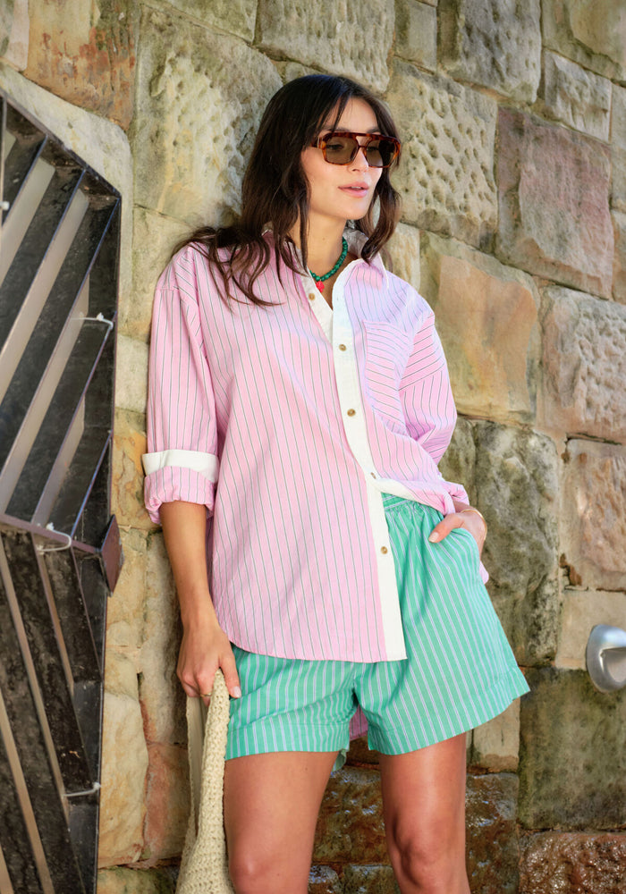 CERES LIFE COTTON PETA OVERSIZED SHIRT - HIBISCUS PINK STRIPE