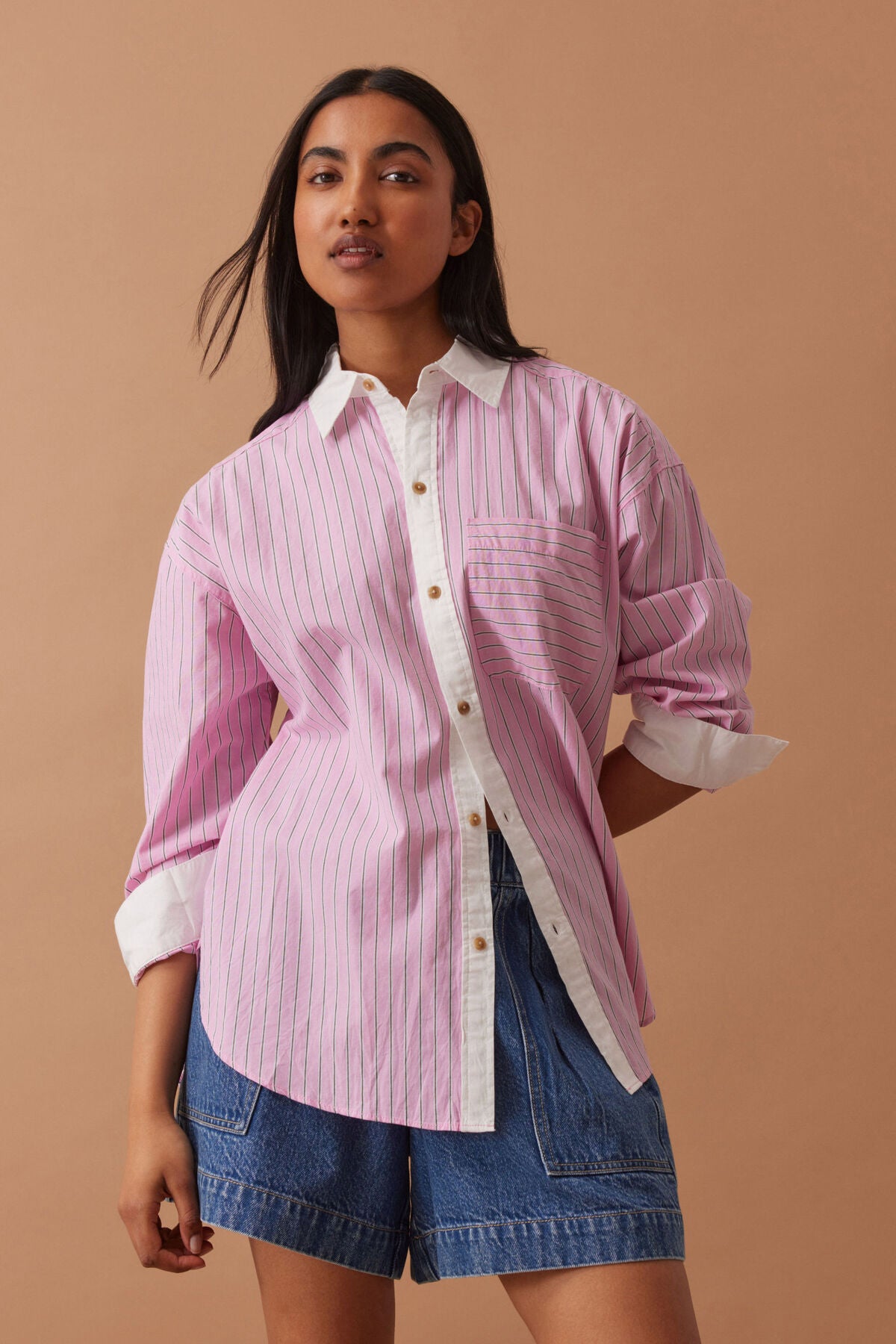 CERES LIFE COTTON PETA OVERSIZED SHIRT - HIBISCUS PINK STRIPE