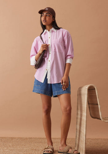 CERES LIFE COTTON PETA OVERSIZED SHIRT - HIBISCUS PINK STRIPE