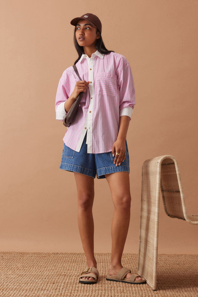 Load image into Gallery viewer, CERES LIFE COTTON PETA OVERSIZED SHIRT - HIBISCUS PINK STRIPE
