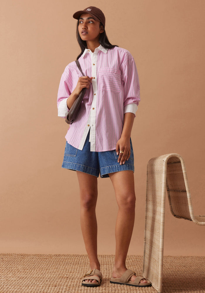 CERES LIFE COTTON PETA OVERSIZED SHIRT - HIBISCUS PINK STRIPE