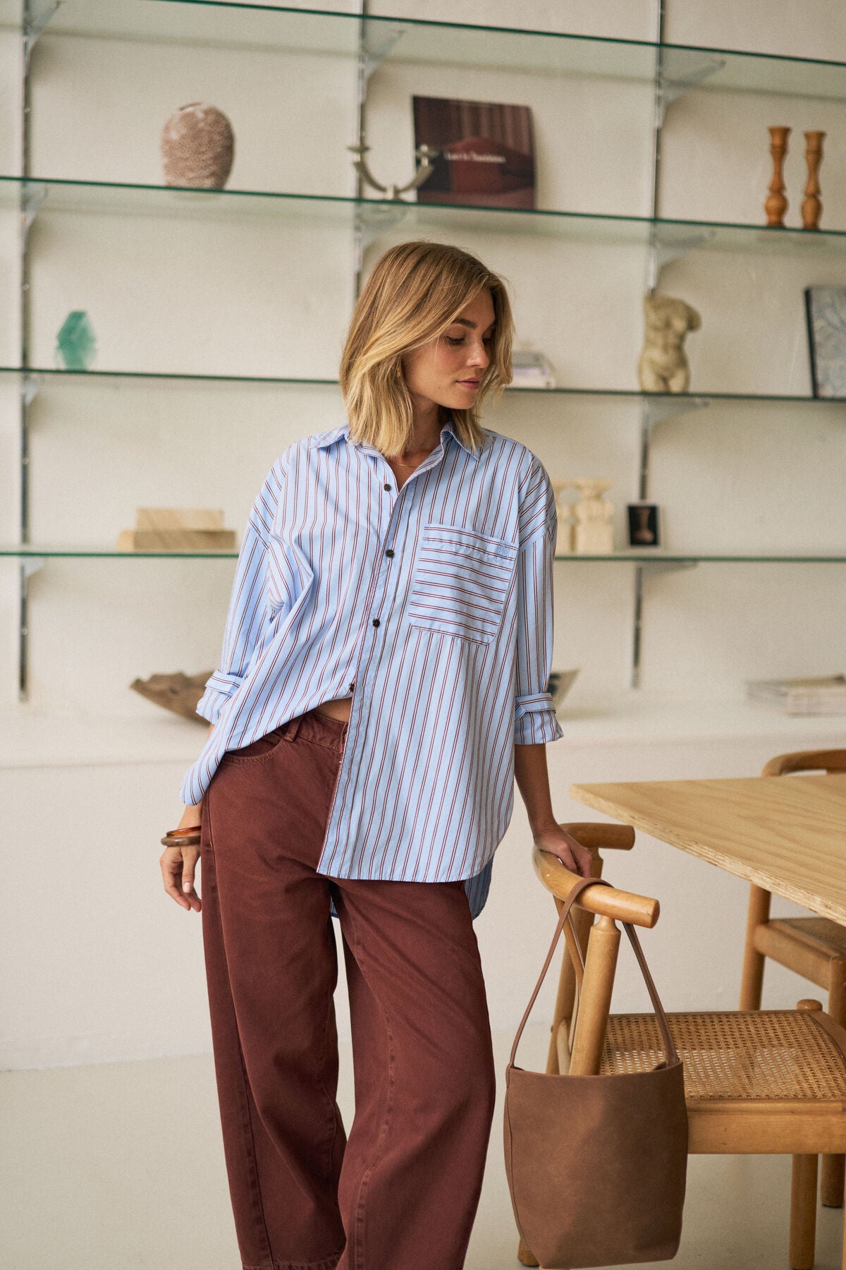 CERES LIFE PETA OVERSIZED SHIRT - SKY BLUE/BURGUNDY STRIPE