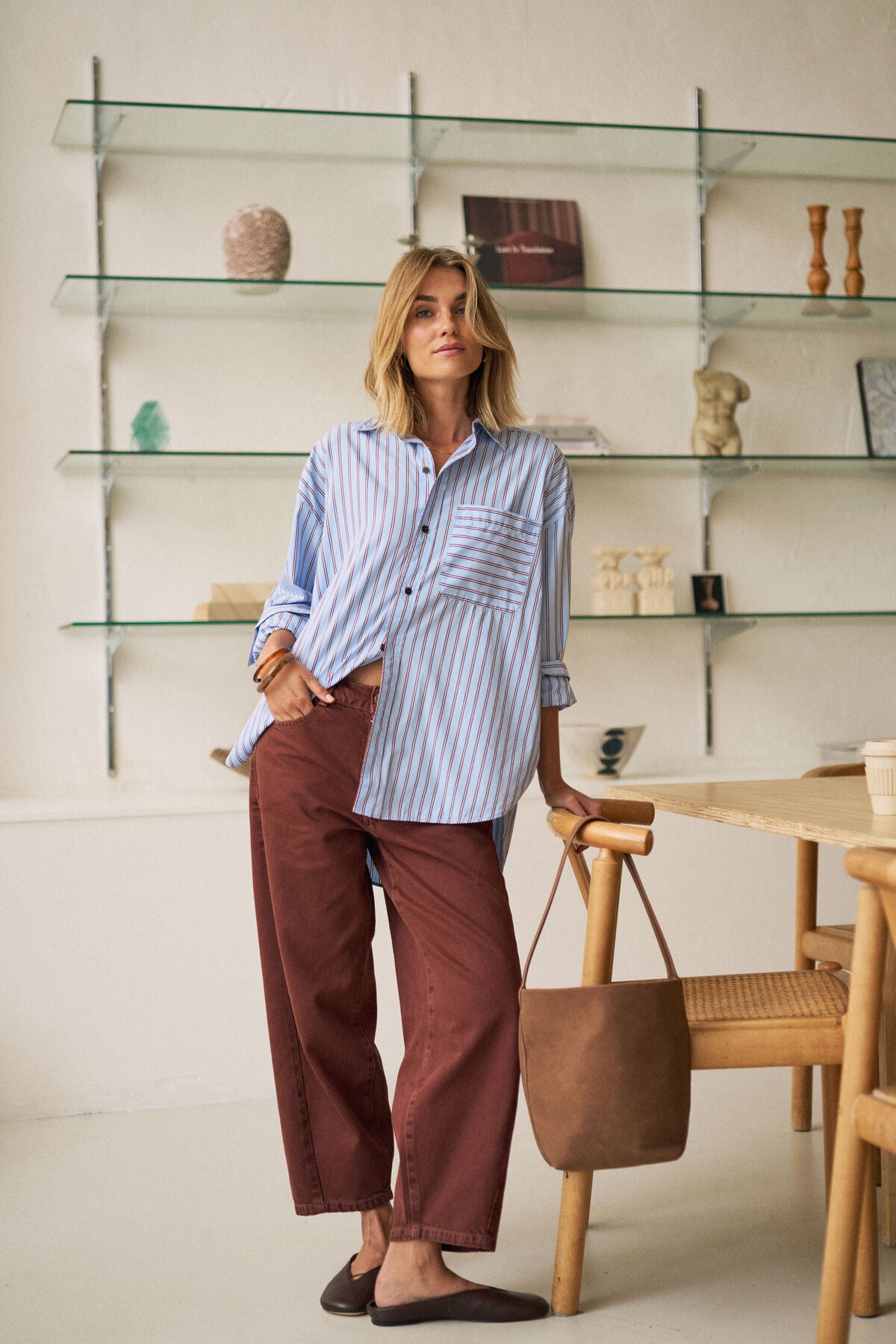 CERES LIFE PETA OVERSIZED SHIRT - SKY BLUE/BURGUNDY STRIPE