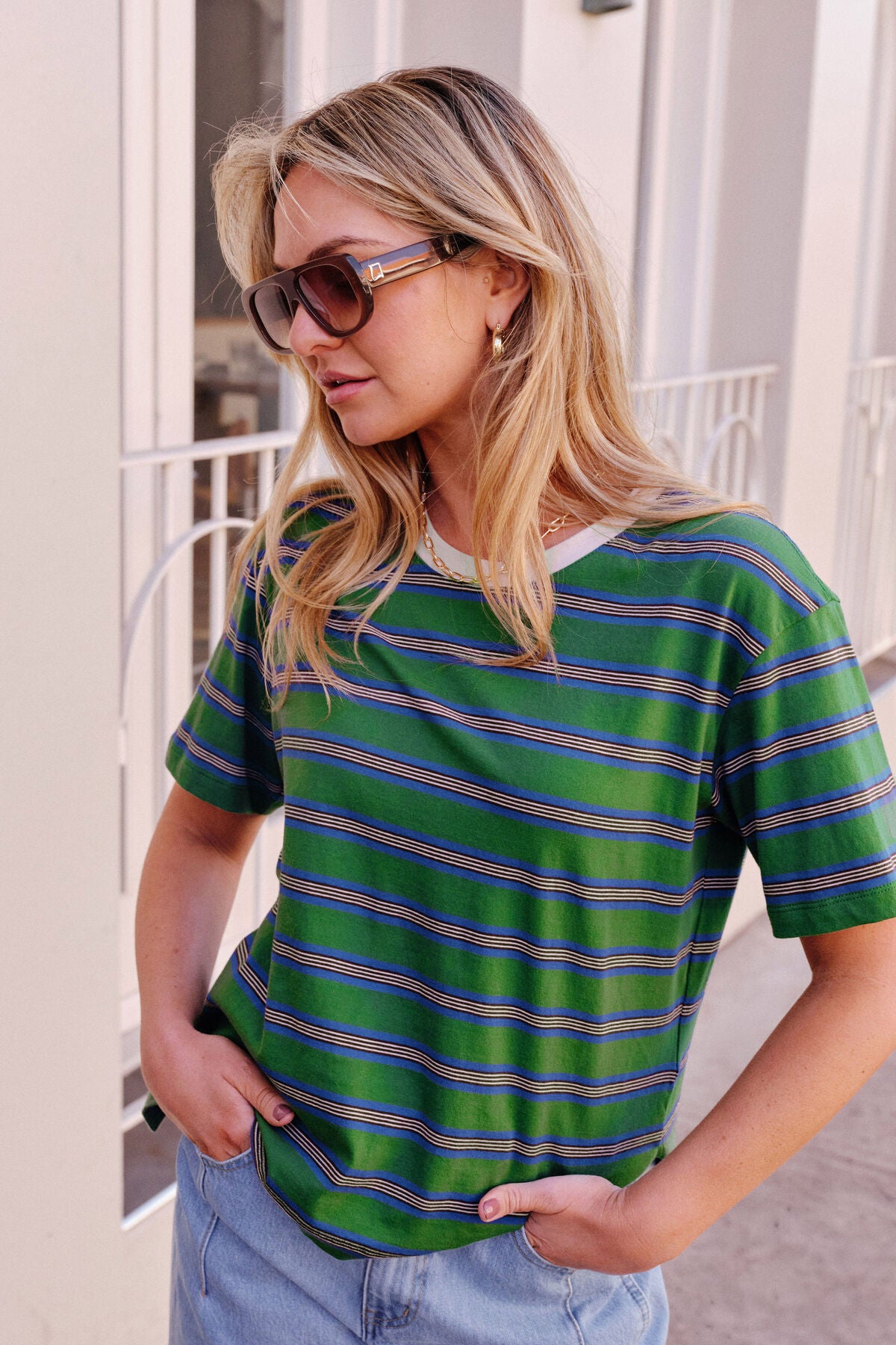CERES LIFE STEVIE SLOUCHY TEE - BASIL/BLUE STRIPE