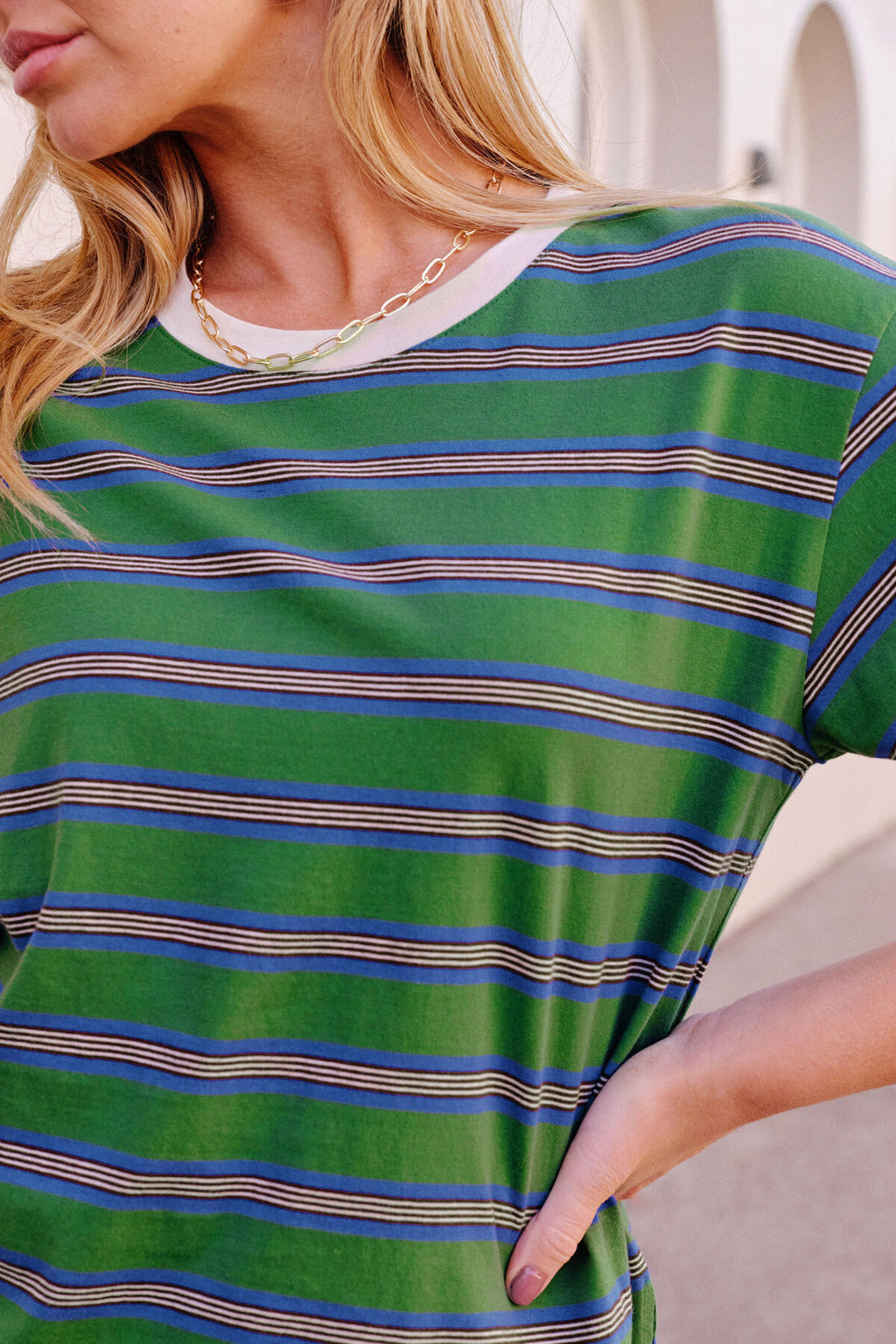 CERES LIFE STEVIE SLOUCHY TEE - BASIL/BLUE STRIPE