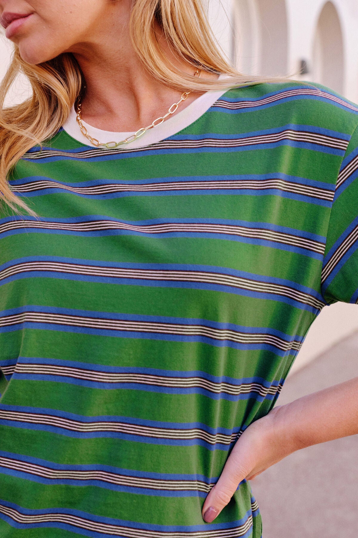 CERES LIFE STEVIE SLOUCHY TEE - BASIL/BLUE STRIPE