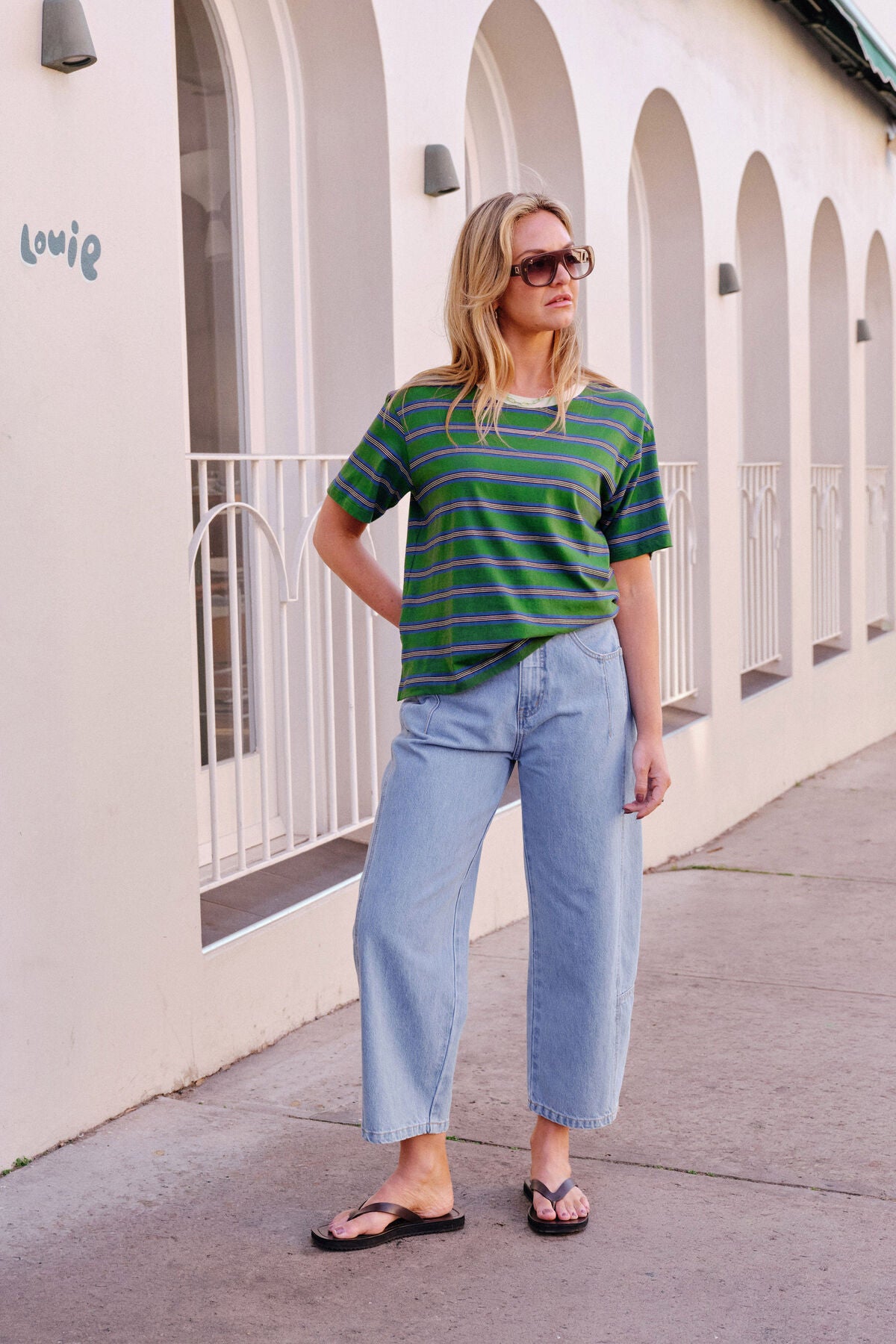 CERES LIFE STEVIE SLOUCHY TEE - BASIL/BLUE STRIPE
