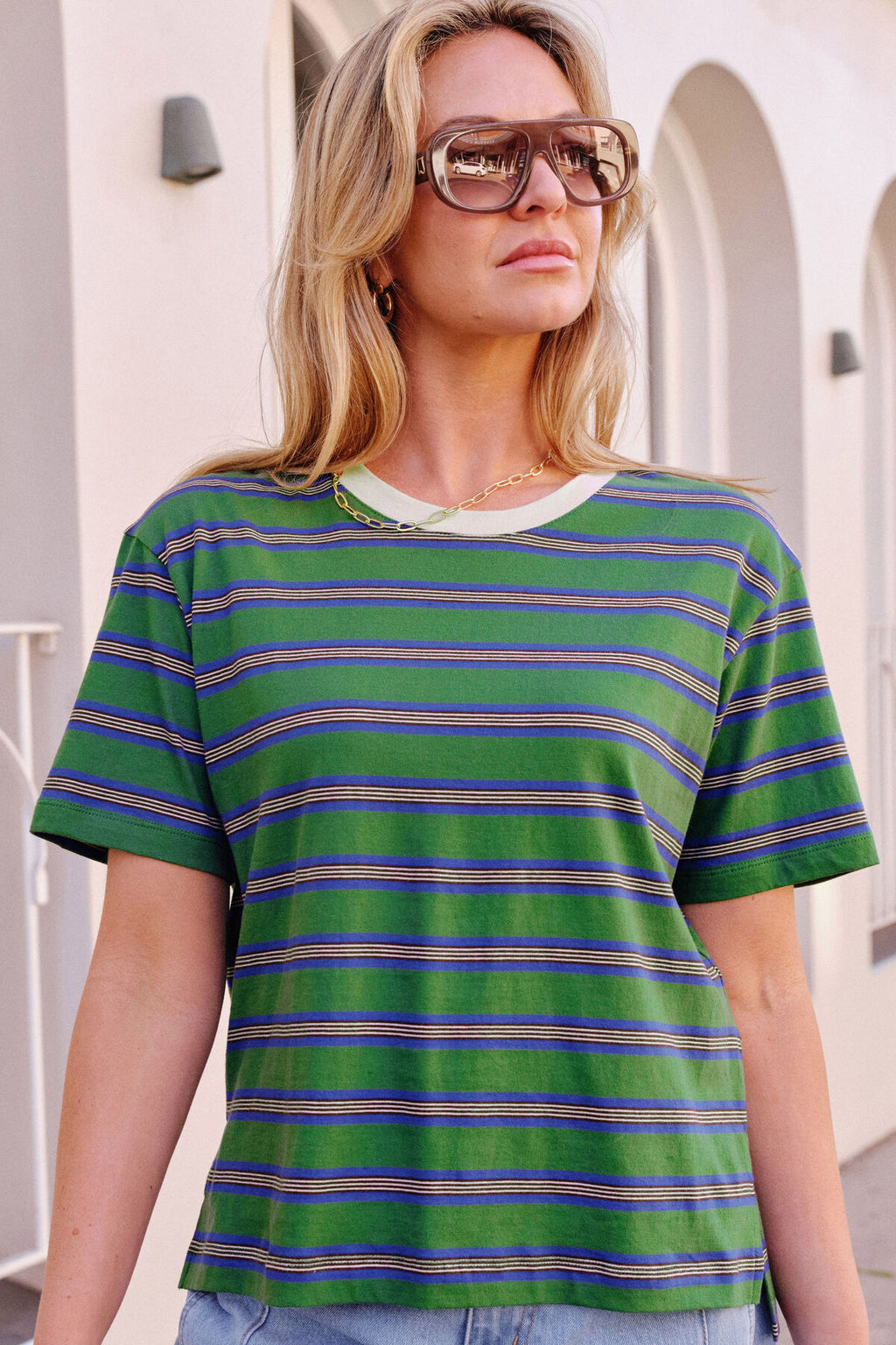 CERES LIFE STEVIE SLOUCHY TEE - BASIL/BLUE STRIPE