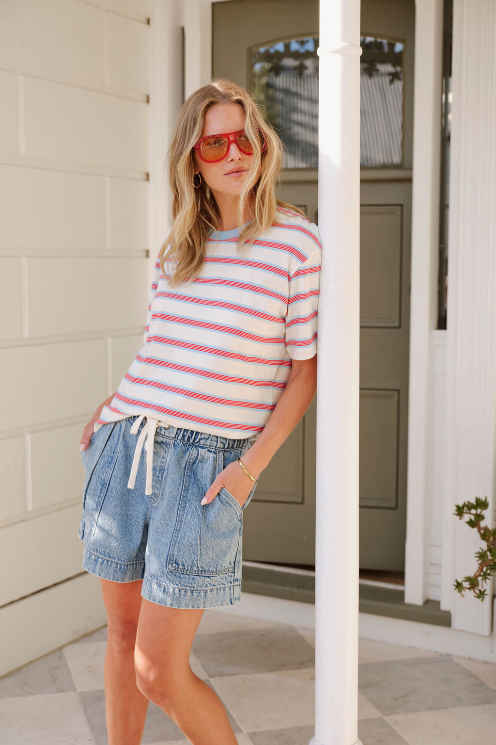 CERES LIFE STEVIE SLOUCHY TEE - MILK FRESH BLUE RED STRIPE