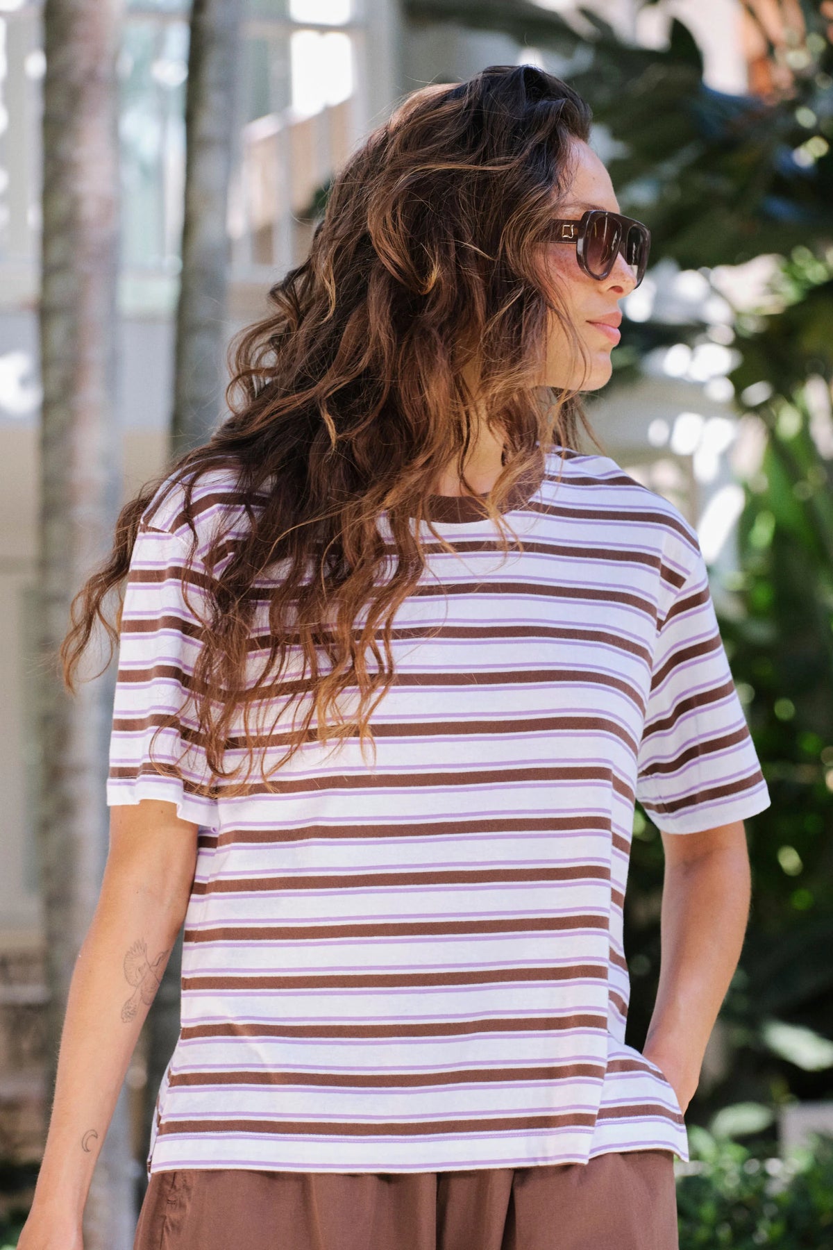 CERES LIFE STEVIE SLOUCHY TEE - BRUNETTE/ORCHID STRIPE