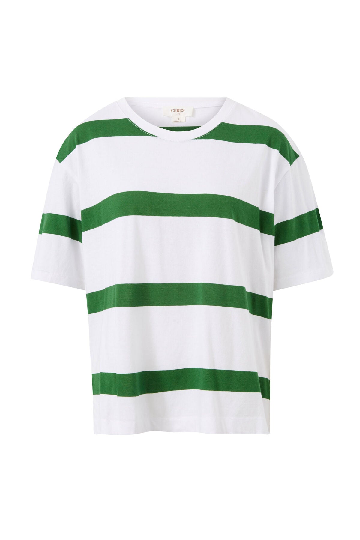 CERES LIFE SLOUCHY SPLIT HEM TEE - GREEN STRIPE