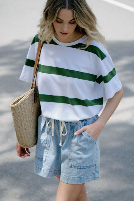 CERES LIFE SLOUCHY SPLIT HEM TEE - GREEN STRIPE