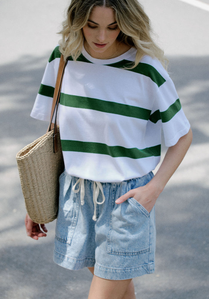 CERES LIFE SLOUCHY SPLIT HEM TEE - GREEN STRIPE