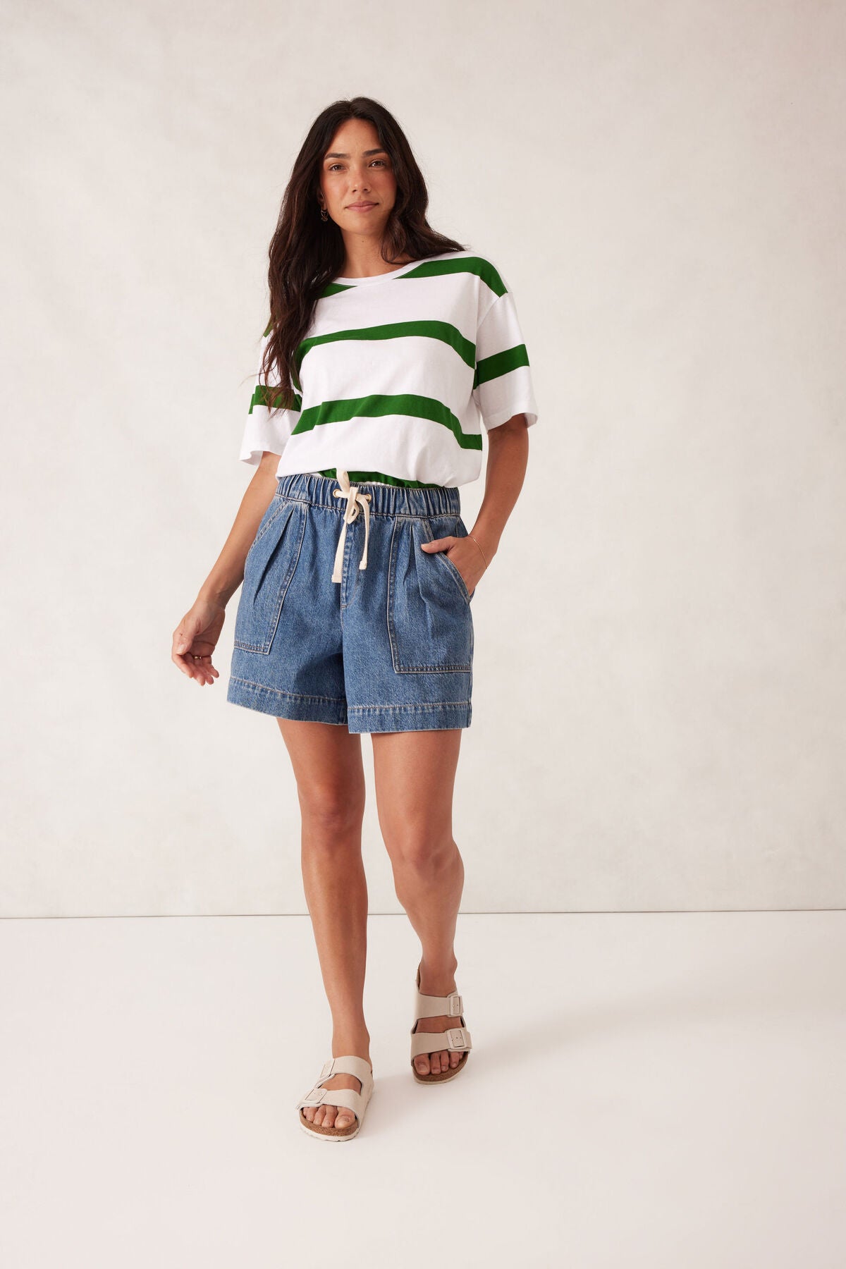 CERES LIFE SLOUCHY SPLIT HEM TEE - GREEN STRIPE