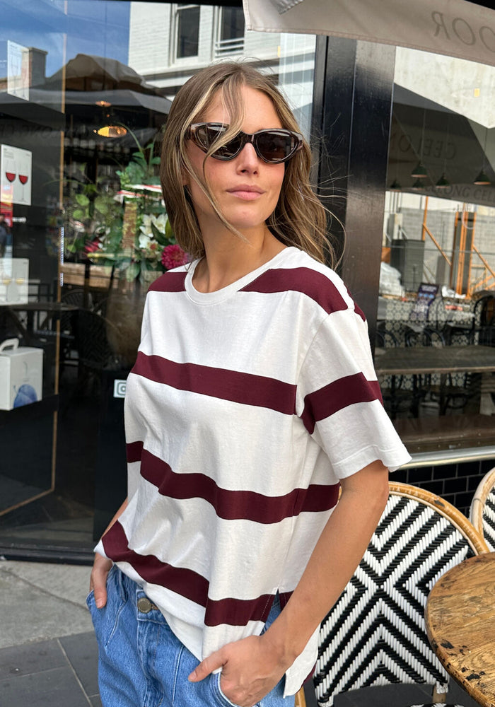 CERES LIFE SLOUCHY SPLIT HEM TEE - BURGUNDY STRIPE