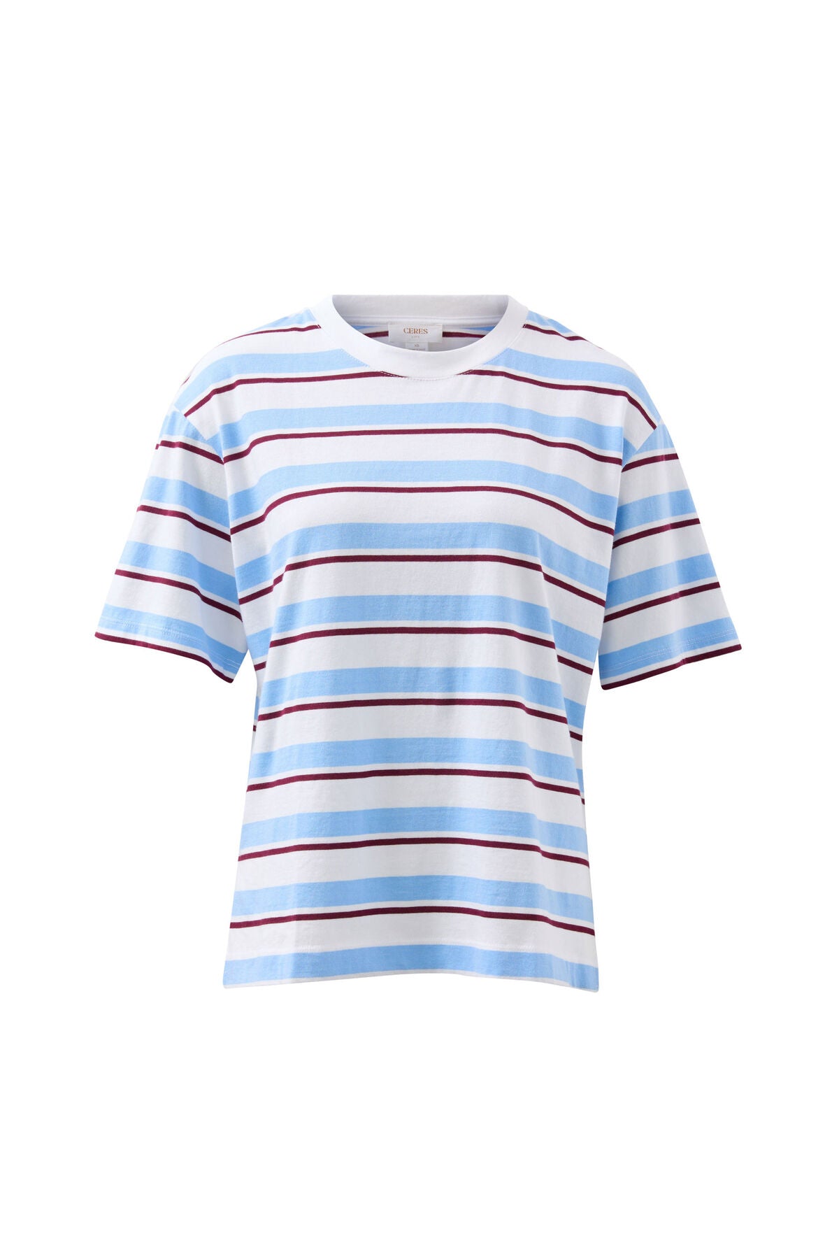 CERES LIFE STEVIE SLOUCHY SPLIT HEM TEE - POWDER/POMEGRANTE RETRO STRIPE