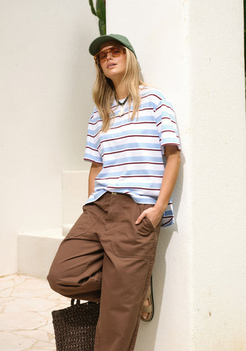 CERES LIFE STEVIE SLOUCHY SPLIT HEM TEE - POWDER/POMEGRANTE RETRO STRIPE