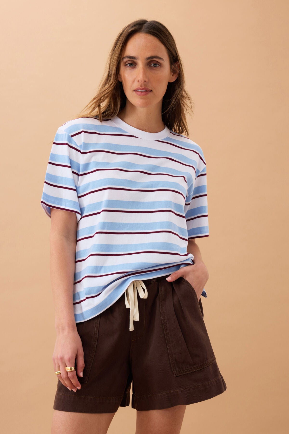 CERES LIFE STEVIE SLOUCHY SPLIT HEM TEE - POWDER/POMEGRANTE RETRO STRIPE