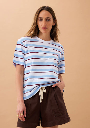 CERES LIFE STEVIE SLOUCHY SPLIT HEM TEE - POWDER/POMEGRANTE RETRO STRIPE