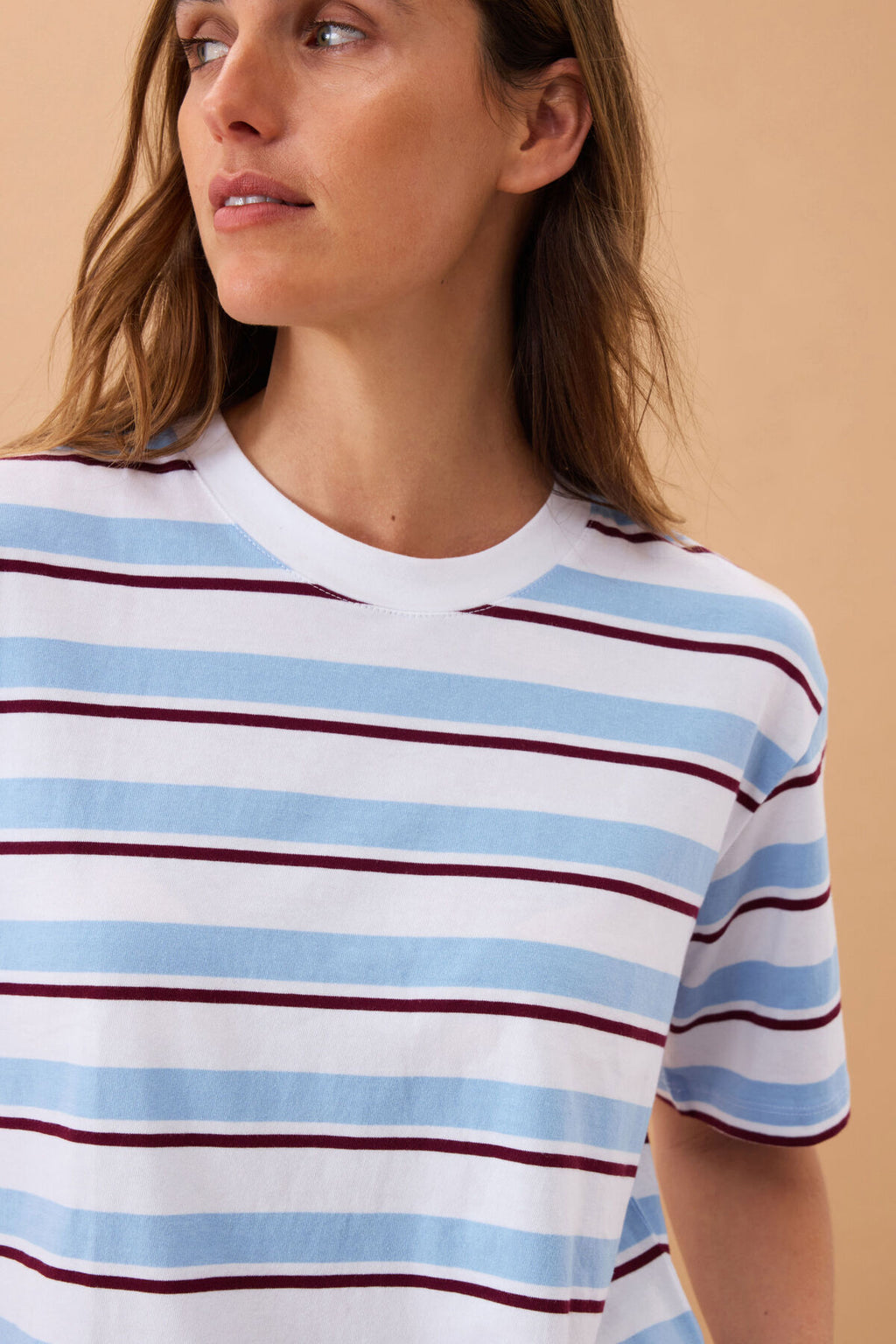CERES LIFE STEVIE SLOUCHY SPLIT HEM TEE - POWDER/POMEGRANTE RETRO STRIPE
