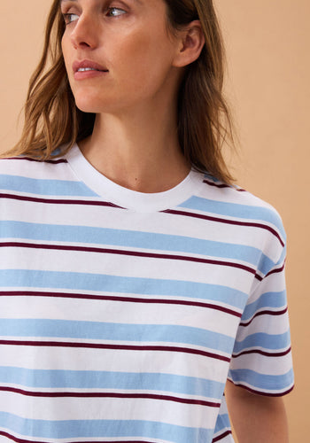 CERES LIFE STEVIE SLOUCHY SPLIT HEM TEE - POWDER/POMEGRANTE RETRO STRIPE