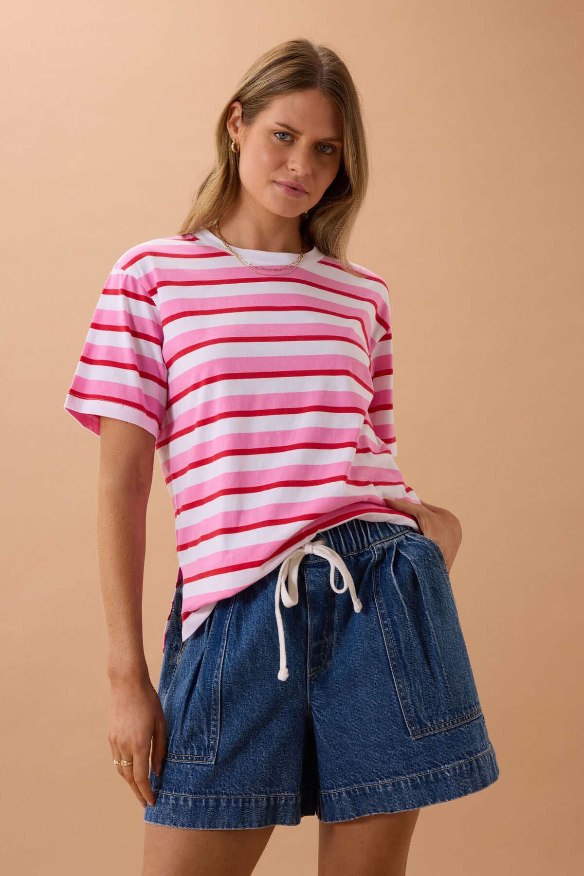 CERES LIFE STEVIE TEE - HIBISCUS/HERITAGE RED STRIPE