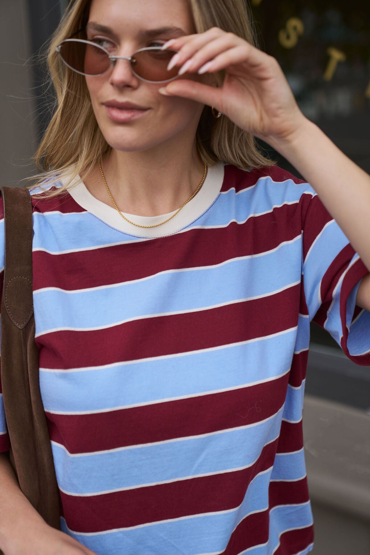 CERES LIFE STEVIE SLOUCHY TEE - BURGUNDY/SKY BLUE STRIPE