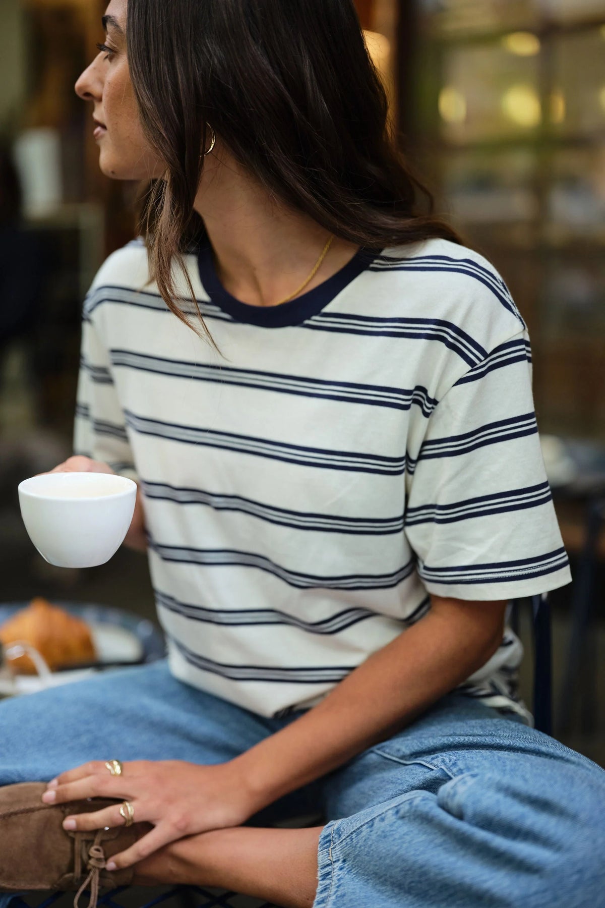 CERES LIFE STEVIE SLOUCHY TEE - MILK/HERITAGE NAVY STRIPE