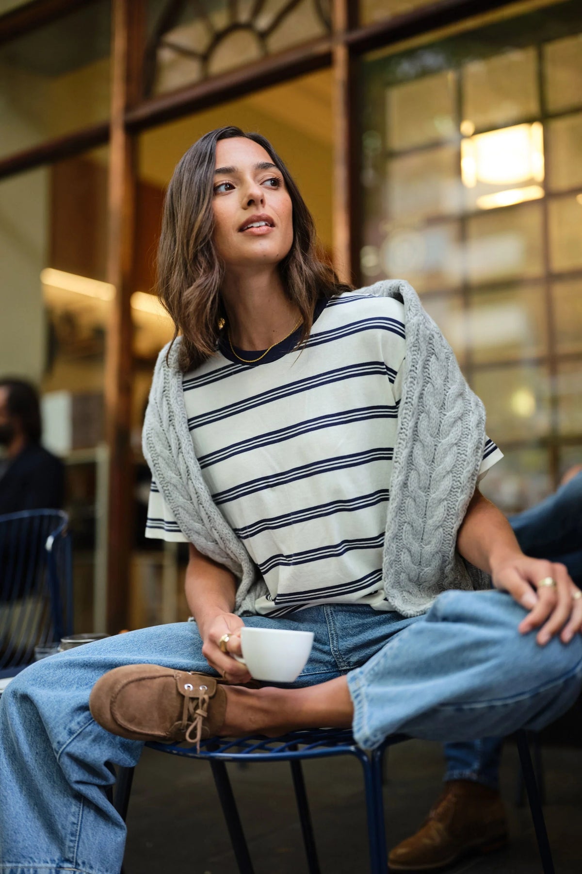 CERES LIFE STEVIE SLOUCHY TEE - MILK/HERITAGE NAVY STRIPE