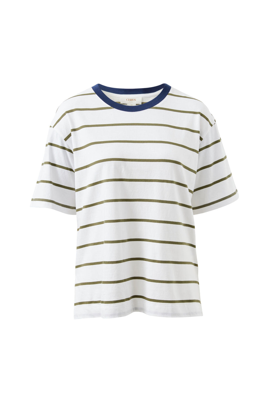 CERES LIFE STEVIE SLOUCHY TEE - WHITE/ WASHED OLIVE STRIPE