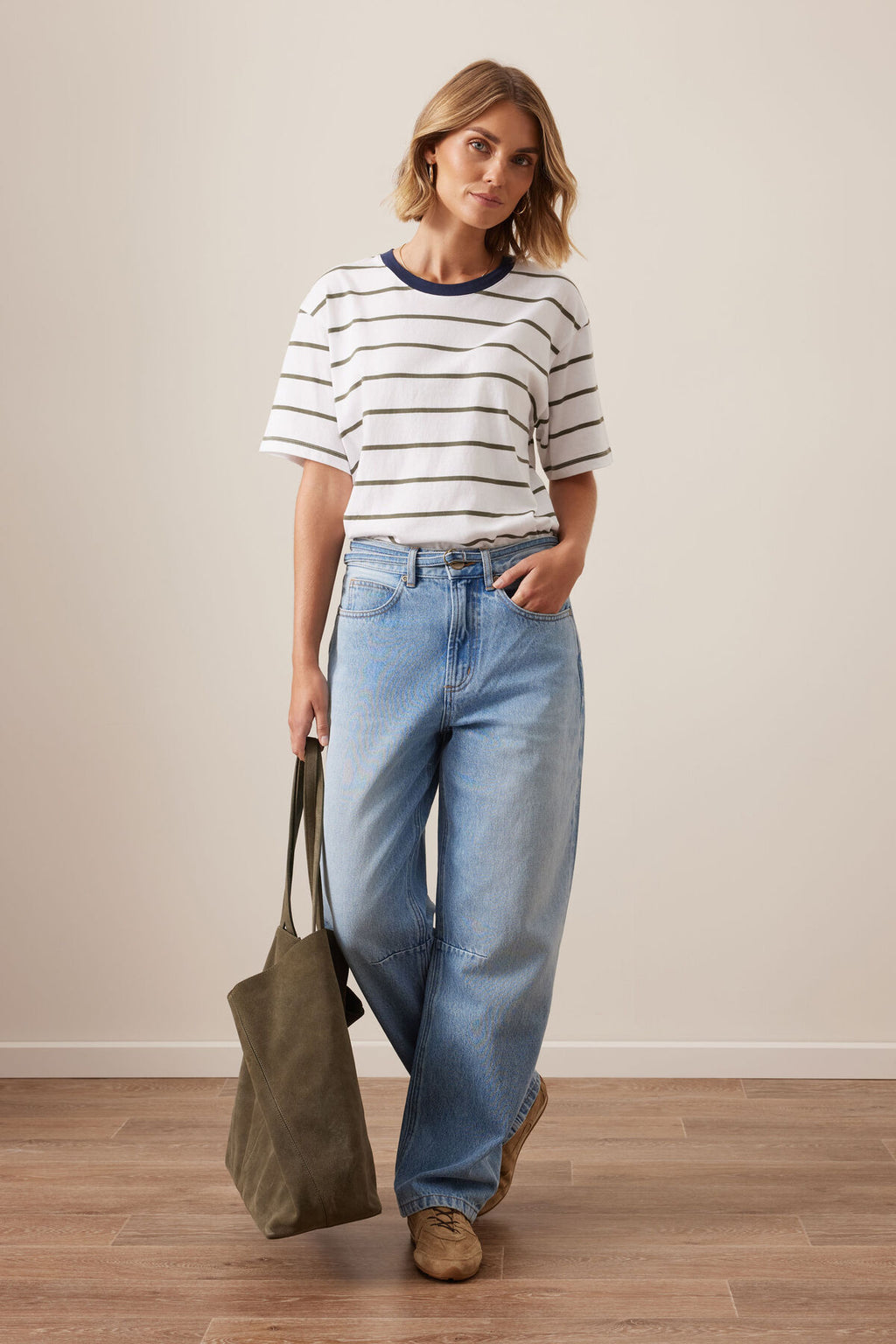CERES LIFE STEVIE SLOUCHY TEE - WHITE/ WASHED OLIVE STRIPE