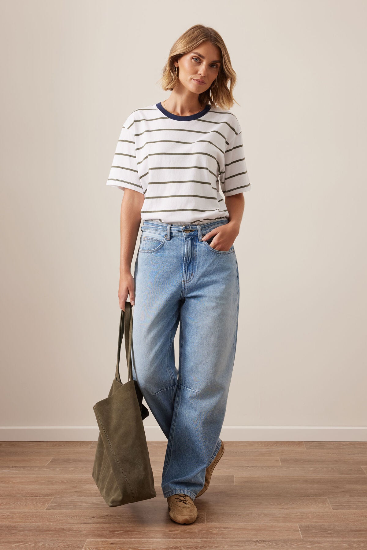 CERES LIFE STEVIE SLOUCHY TEE - WHITE/ WASHED OLIVE STRIPE