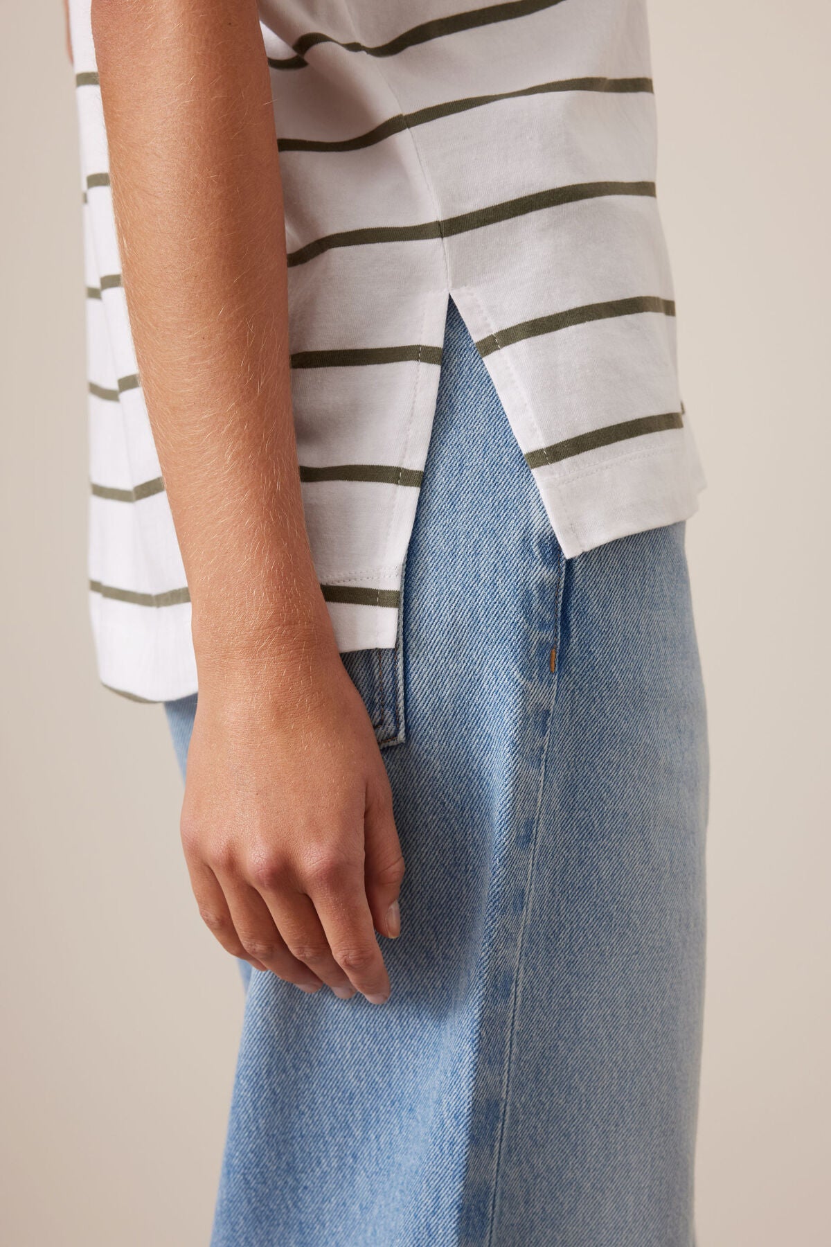 CERES LIFE STEVIE SLOUCHY TEE - WHITE/ WASHED OLIVE STRIPE