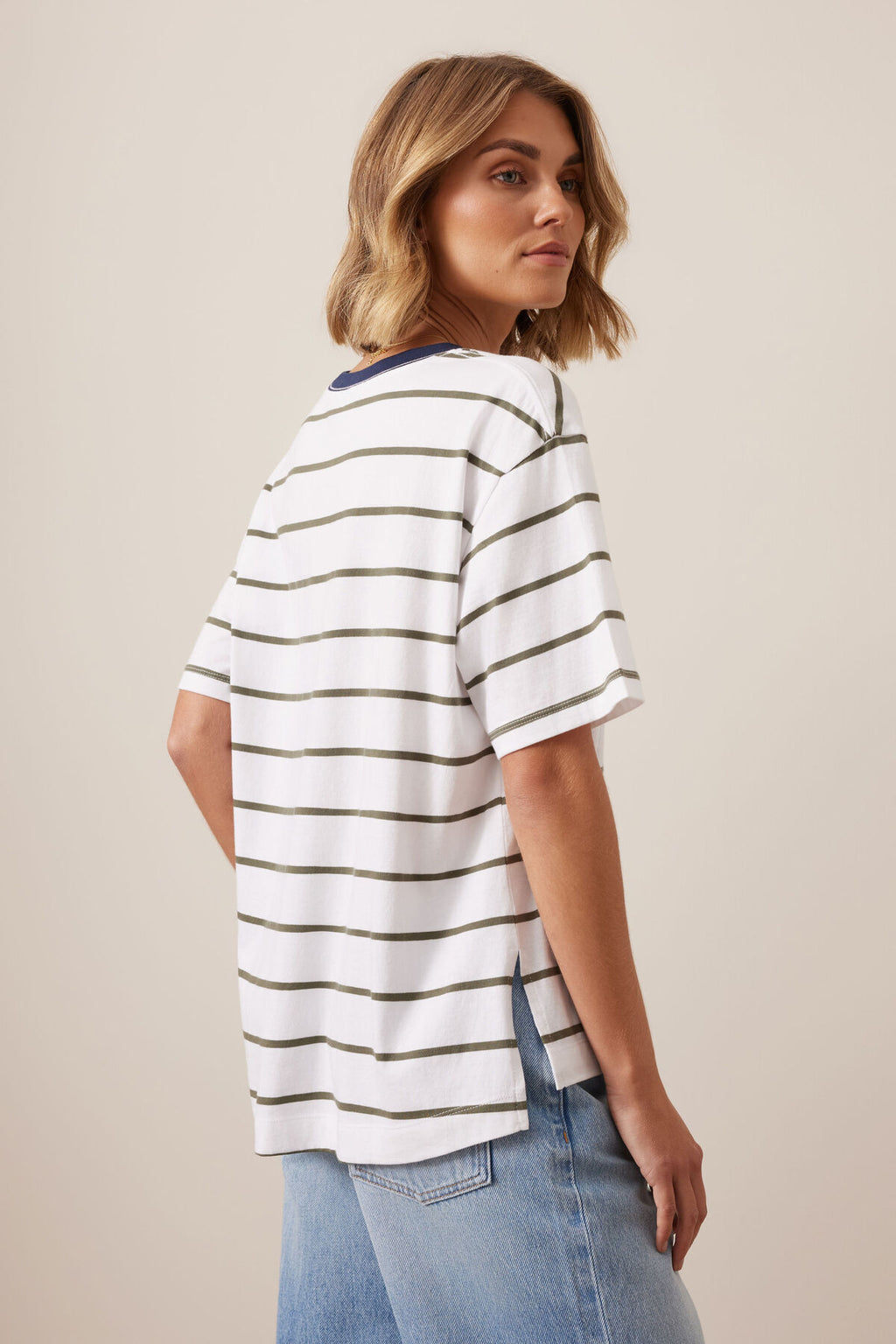 CERES LIFE STEVIE SLOUCHY TEE - WHITE/ WASHED OLIVE STRIPE