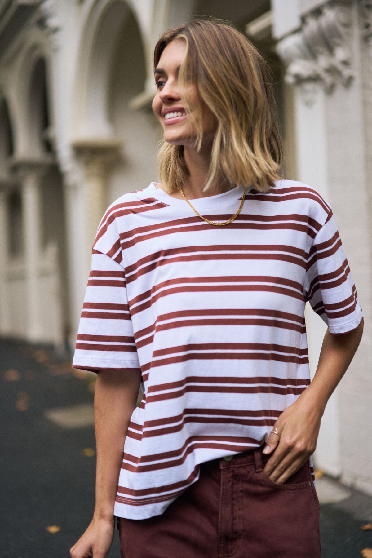 CERES LIFE STEVIE SLOUCHY TEE - BURNT TOFFEE STRIPE