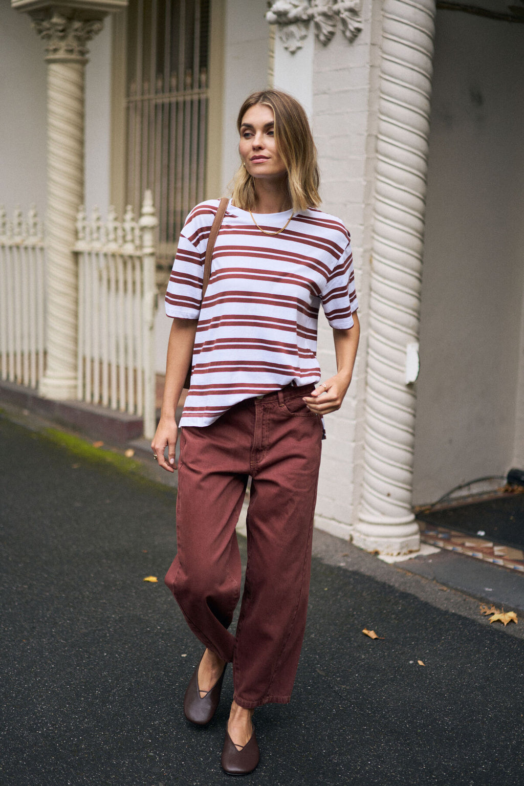 CERES LIFE STEVIE SLOUCHY TEE - BURNT TOFFEE STRIPE