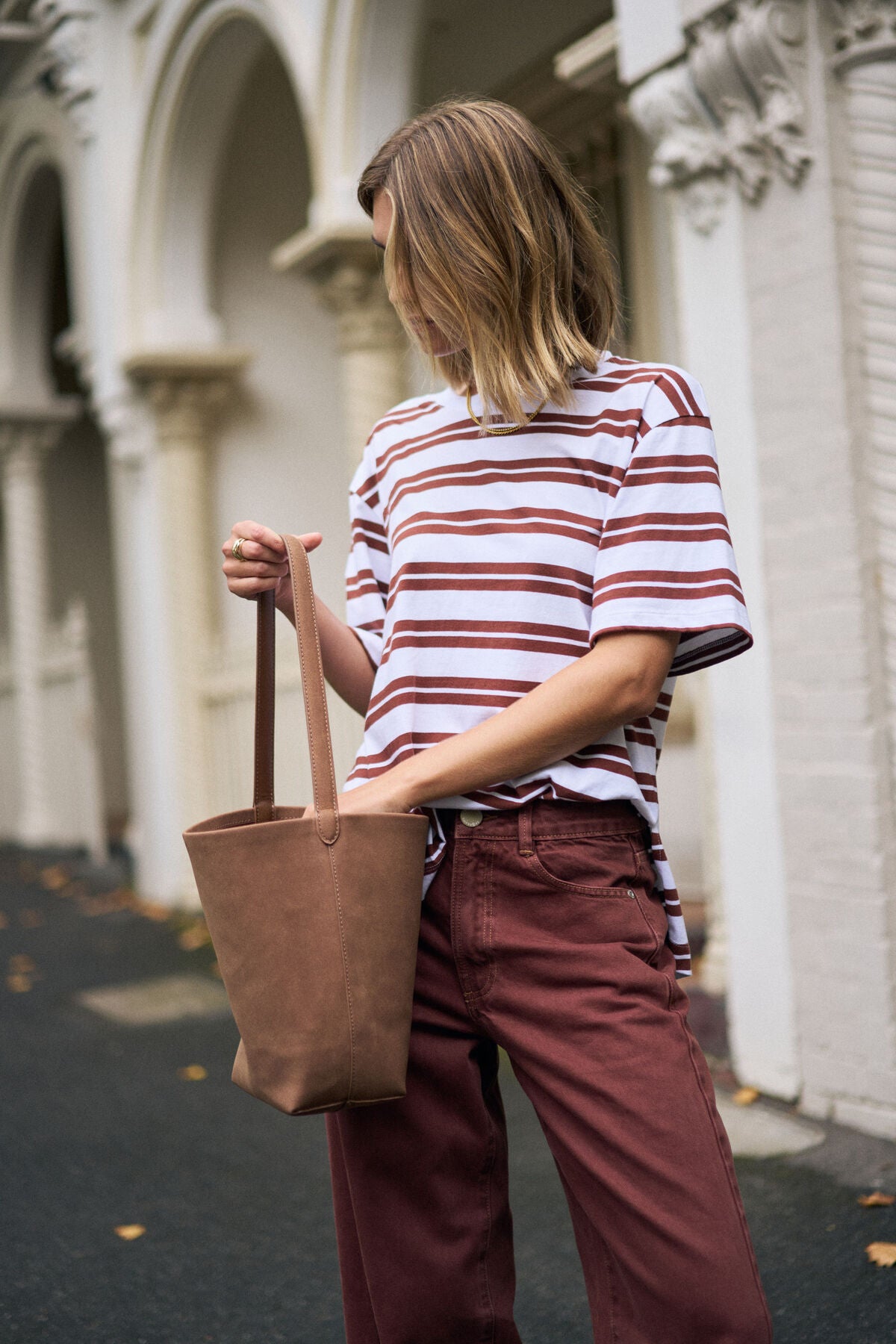 CERES LIFE STEVIE SLOUCHY TEE - BURNT TOFFEE STRIPE