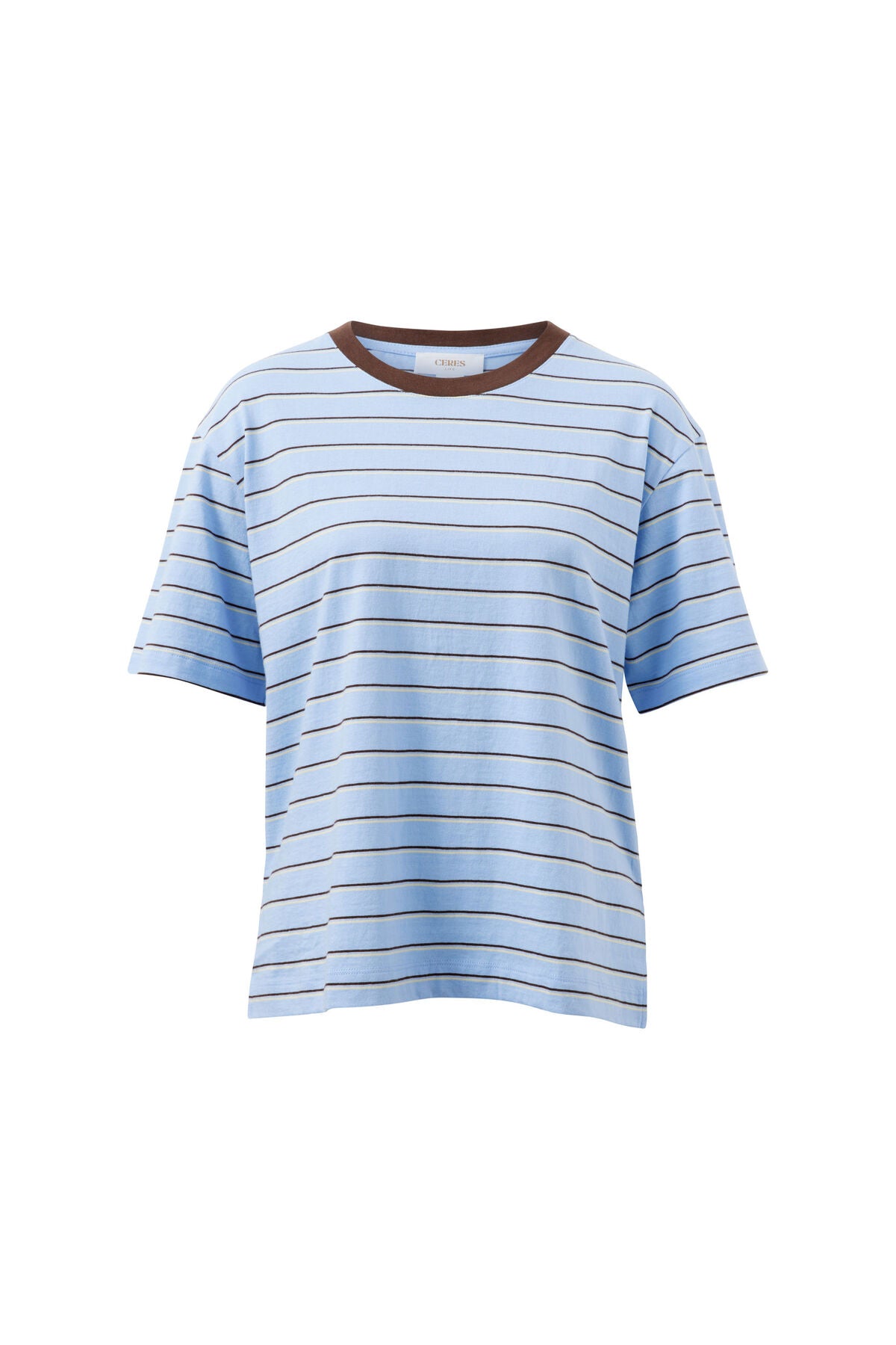 CERES LIFE STEVIE SLOUCHY TEE - CHINA BLUE/CHOC BUTTER STRIPE