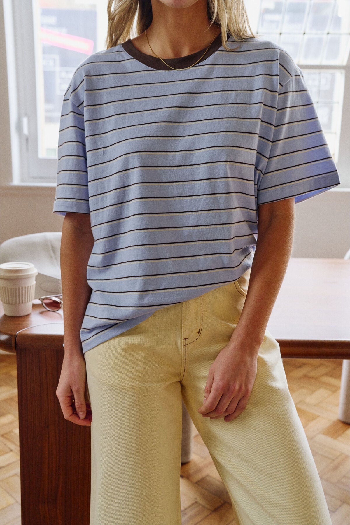 CERES LIFE STEVIE SLOUCHY TEE - CHINA BLUE/CHOC BUTTER STRIPE
