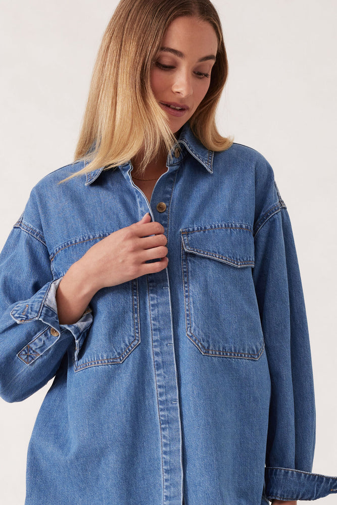 Load image into Gallery viewer, CERES LIFE ESSENTIAL DENIM SHIRT - MID WASH BLUE