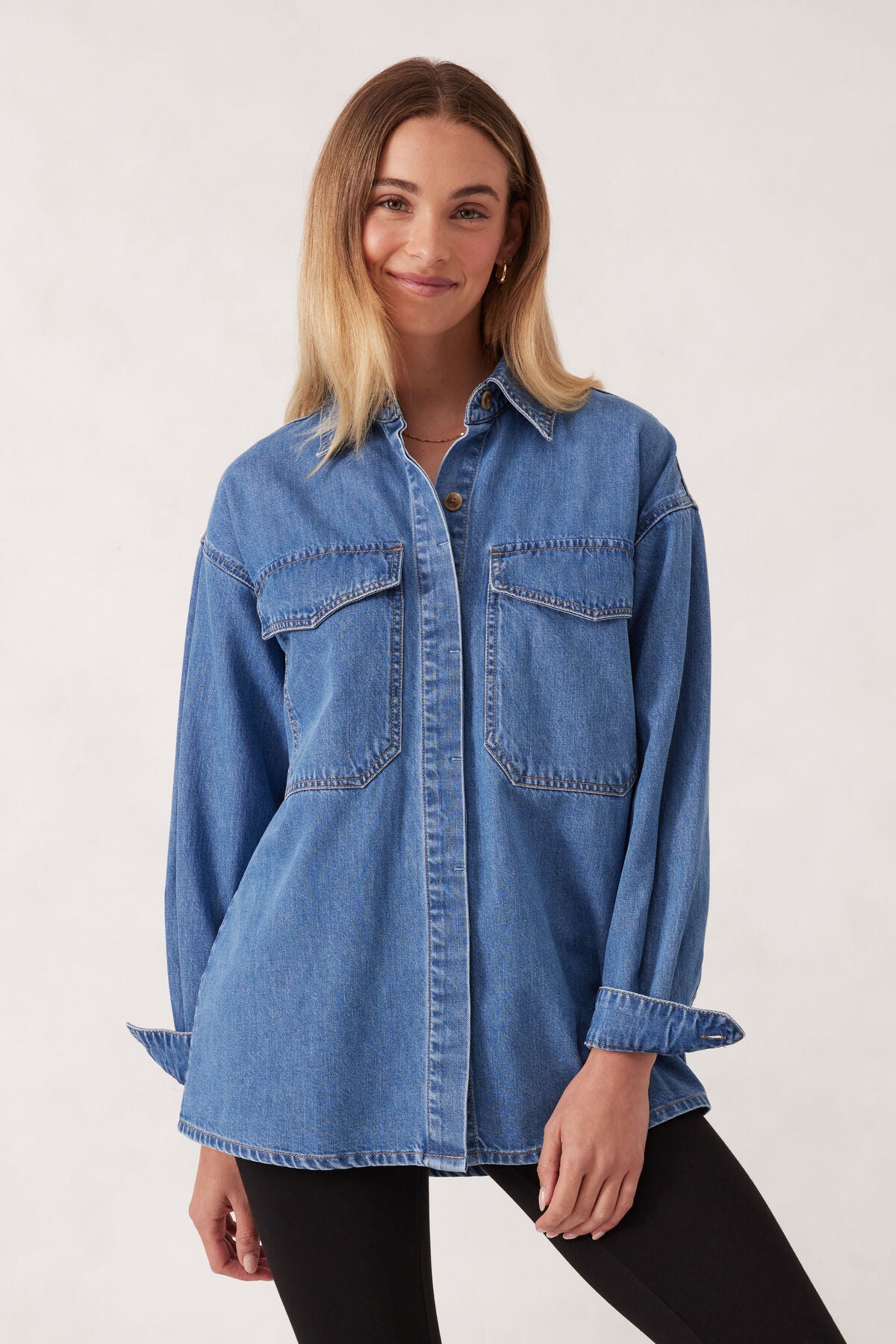 CERES LIFE ESSENTIAL DENIM SHIRT - MID WASH BLUE