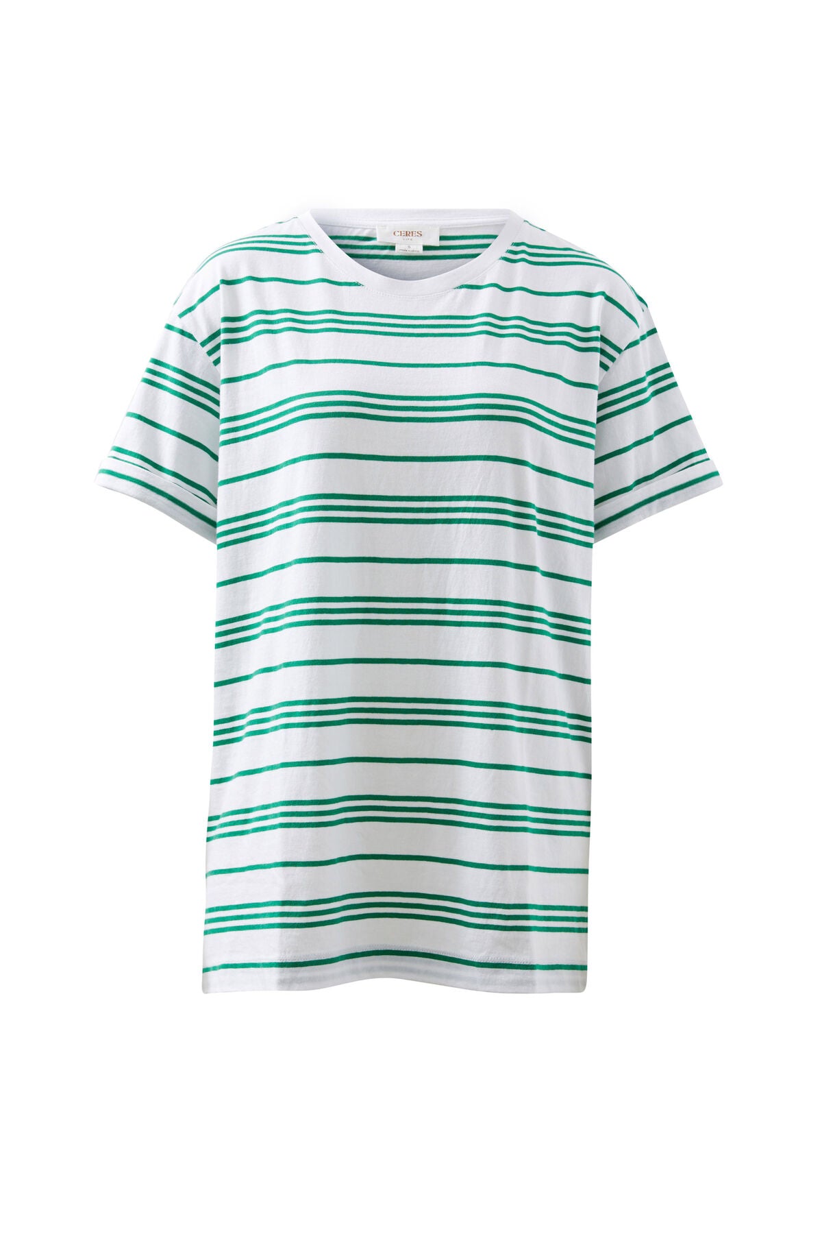 CERES LIFE LONGLINE STEP HEM TEE - KELLY STRIPE
