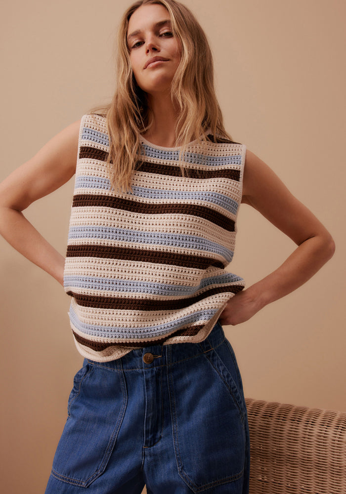 CERES LIFE MARGOT MESH KNIT TANK - CHALK/CHOC STRIPE