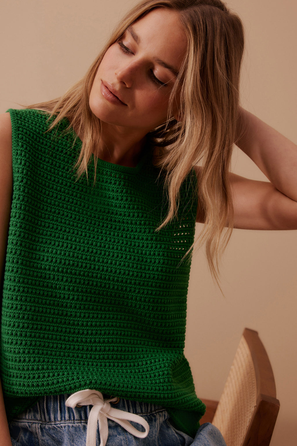 CERES LIFE MARGOT MESH KNIT TANK - GREEN