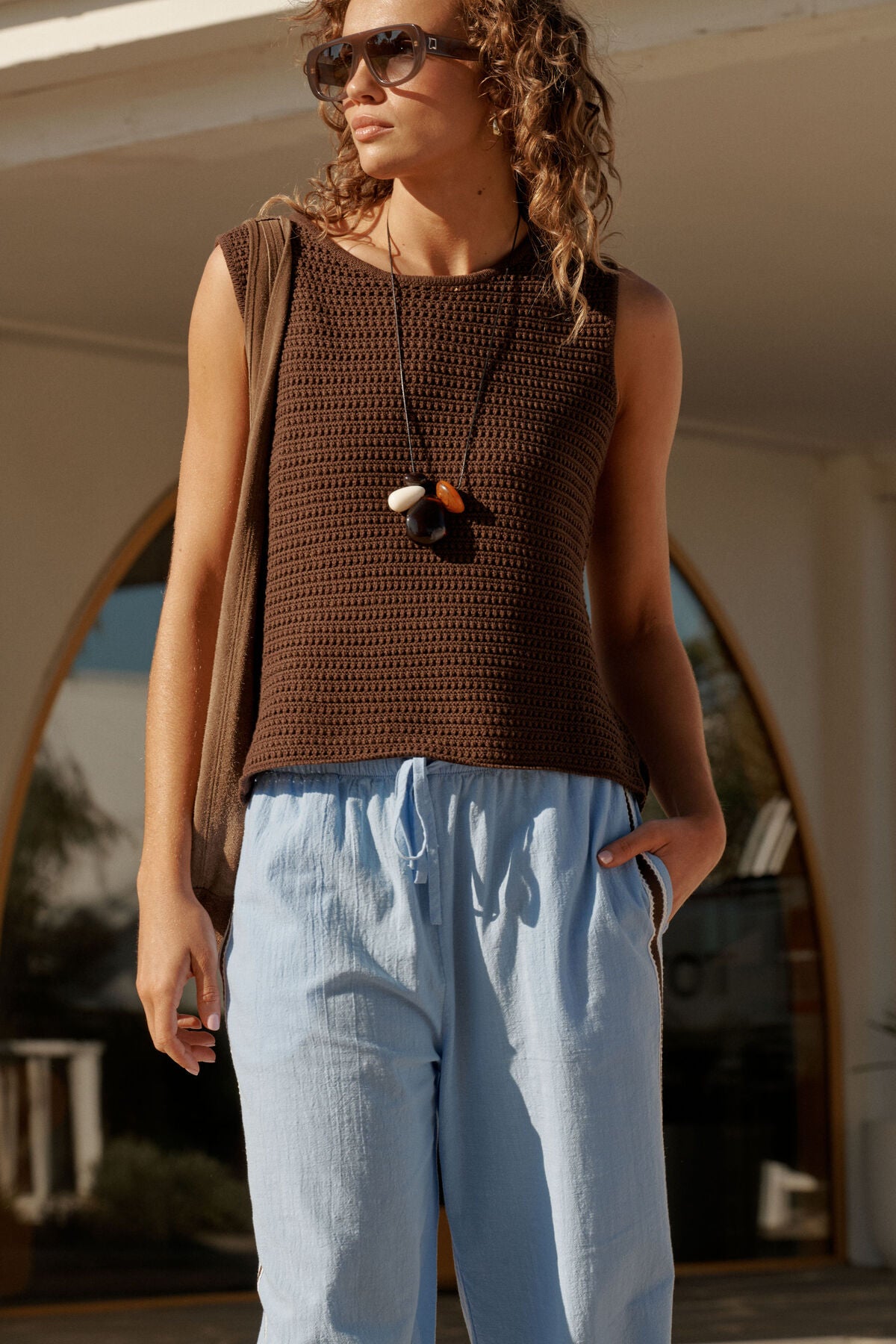 CERES LIFE MARGOT MESH KNIT TANK - CHOCOLATE