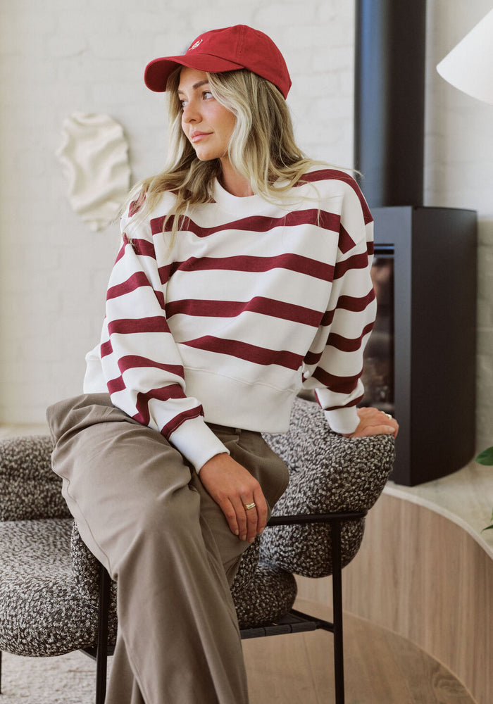 CERES LIFE CROPPED SLOUCHY CREW - BURGUNDY STRIPE