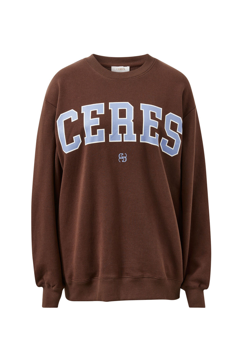 CERES LIFE ISLA OVERSIZED SLOUCHY CREW - BRUNETTE BROWN & SKY BLUE LOGO