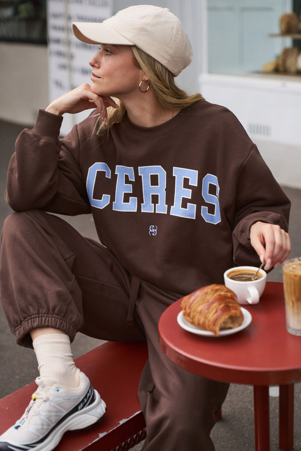 CERES LIFE ISLA OVERSIZED SLOUCHY CREW - BRUNETTE BROWN & SKY BLUE LOGO
